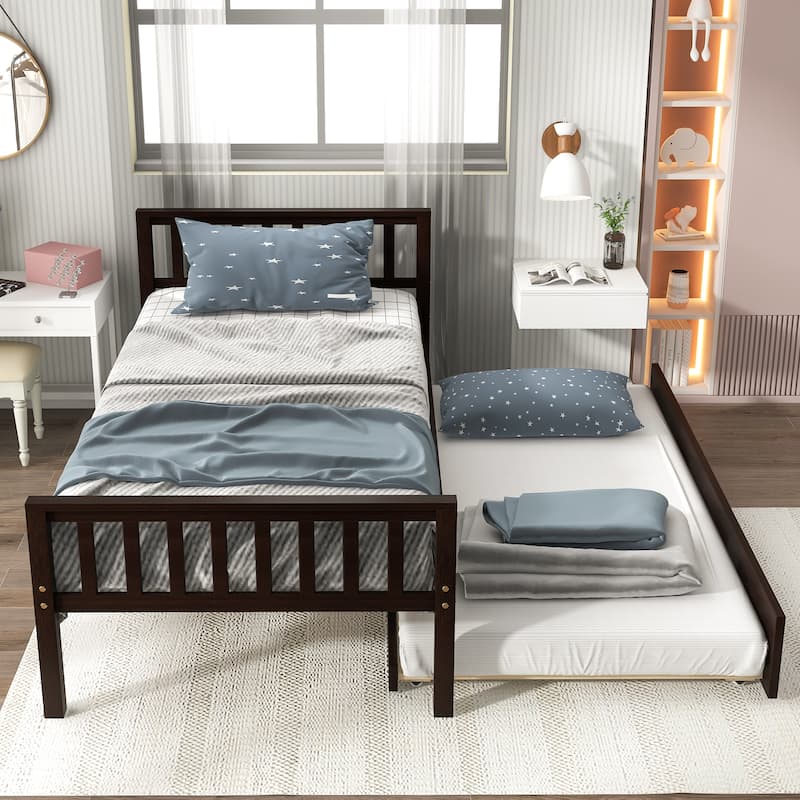 Twin Platform Bed with Trundle and Footboard for Bedroom - Espresso