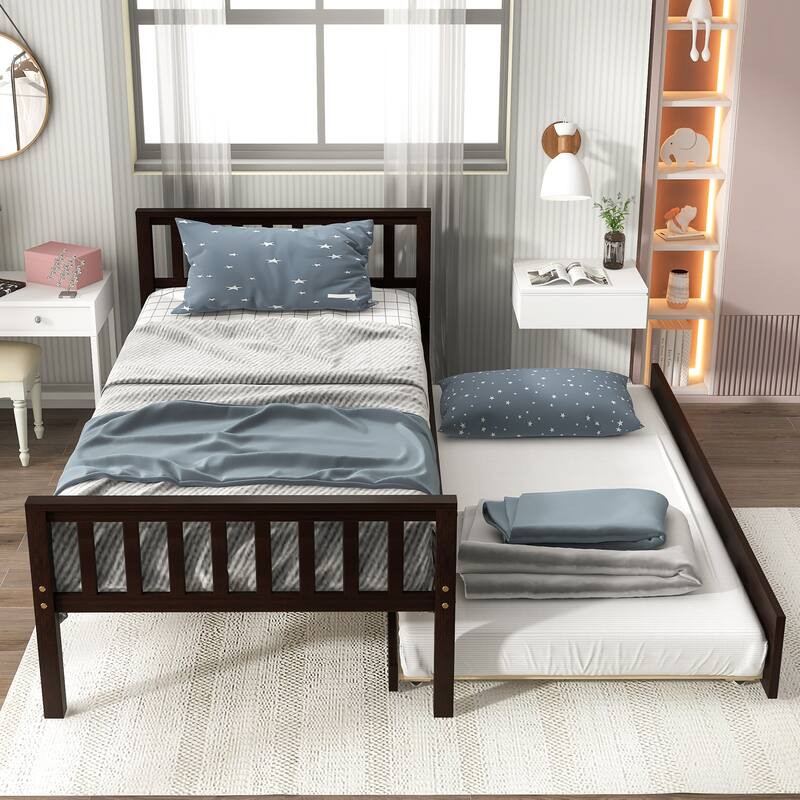 Twin Size Platform Bed Frame with Trundle Bed, Headboard and Footboard, Wooden Slat Support