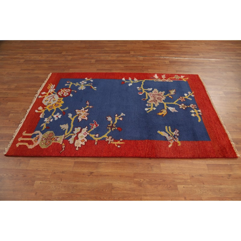 Hand Knotted Oriental 100% Wool Carpet Traditional Floral Navy Blue & Blues Art Deco Area Rug - 5' 11'' X 3' 11''