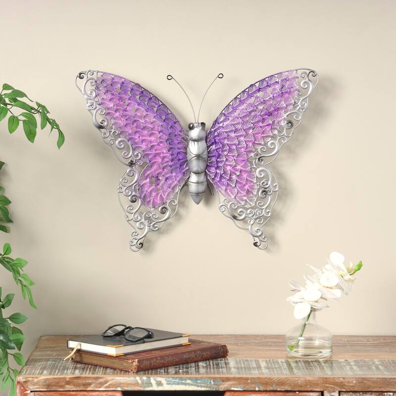 Iron Metal Eclectic Butterfly Wall Decor in Blue, Purple, or Green (16" H X 21" W)