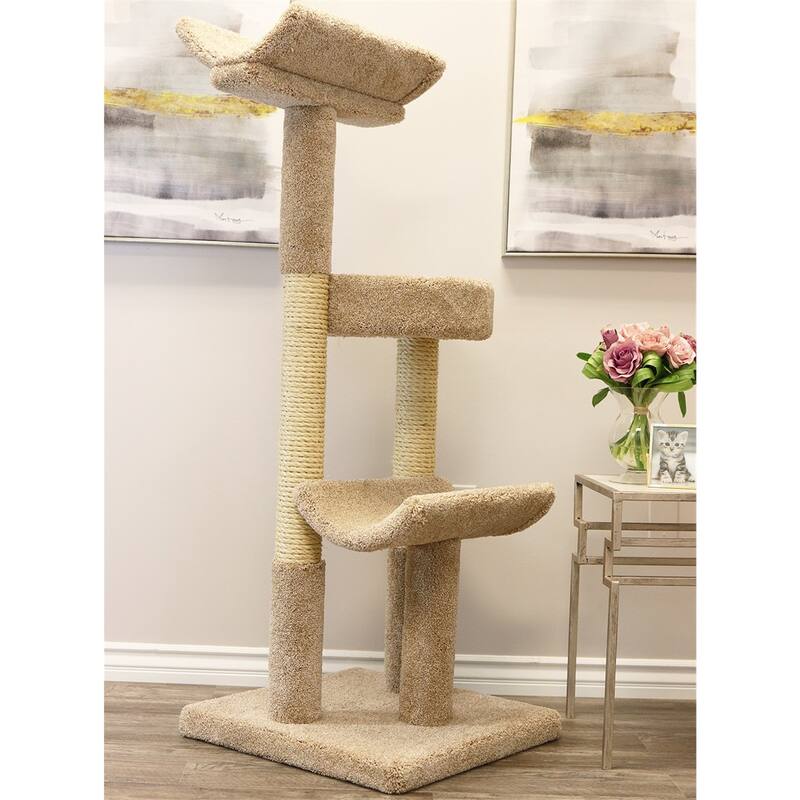Double Scratching Post Solid Wood Cat Tower with Plush Carpet Perches and Thick Sisal Rope Posts for Multiple Large Cats
