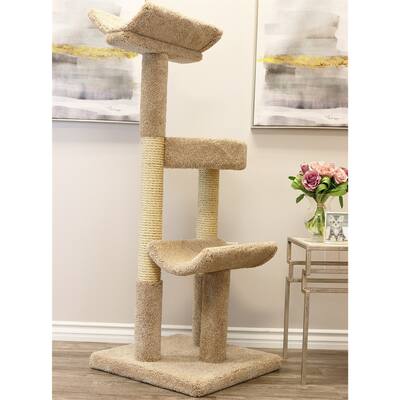 Double Scratching Post Solid Wood Cat Tower with Plush Carpet Perches and Thick Sisal Rope Posts for Multiple Large Cats