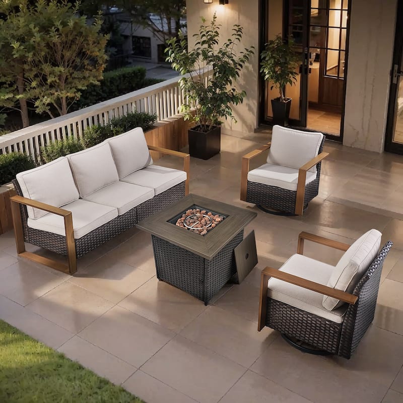 Pocassy Outdoor Fire Pit Conversation Set 3-Seat Sofa Chairs Patio Furniture Set - Brown Wicker Beige Cushion - 4-Piece Sofa Swivel Chair with Fire Table