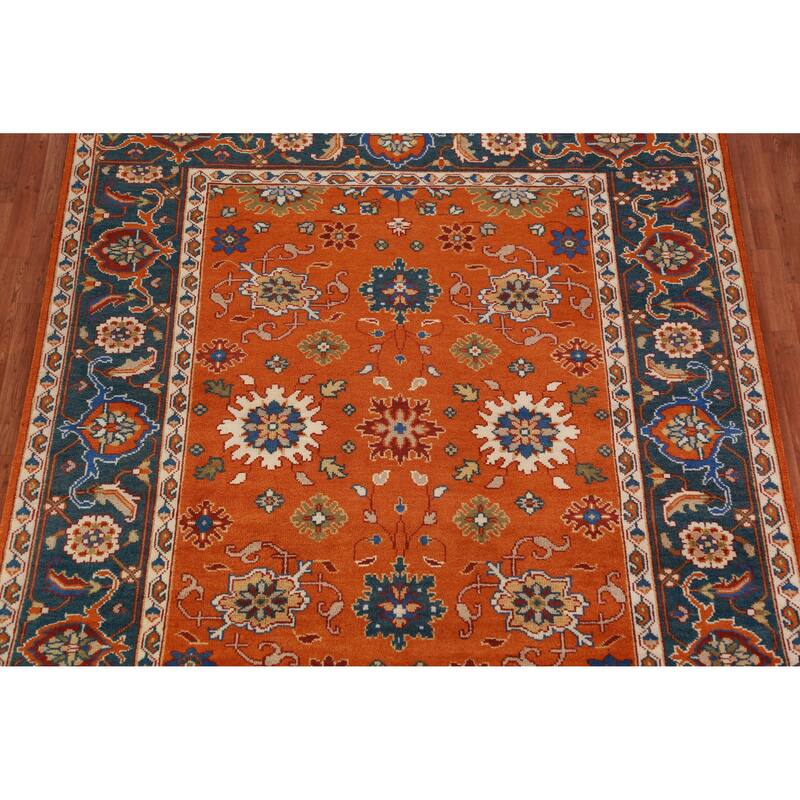 Orange Floral Oushak Indian Area Rug Hand-Knotted Wool Carpet - 7'11" x 9'11"