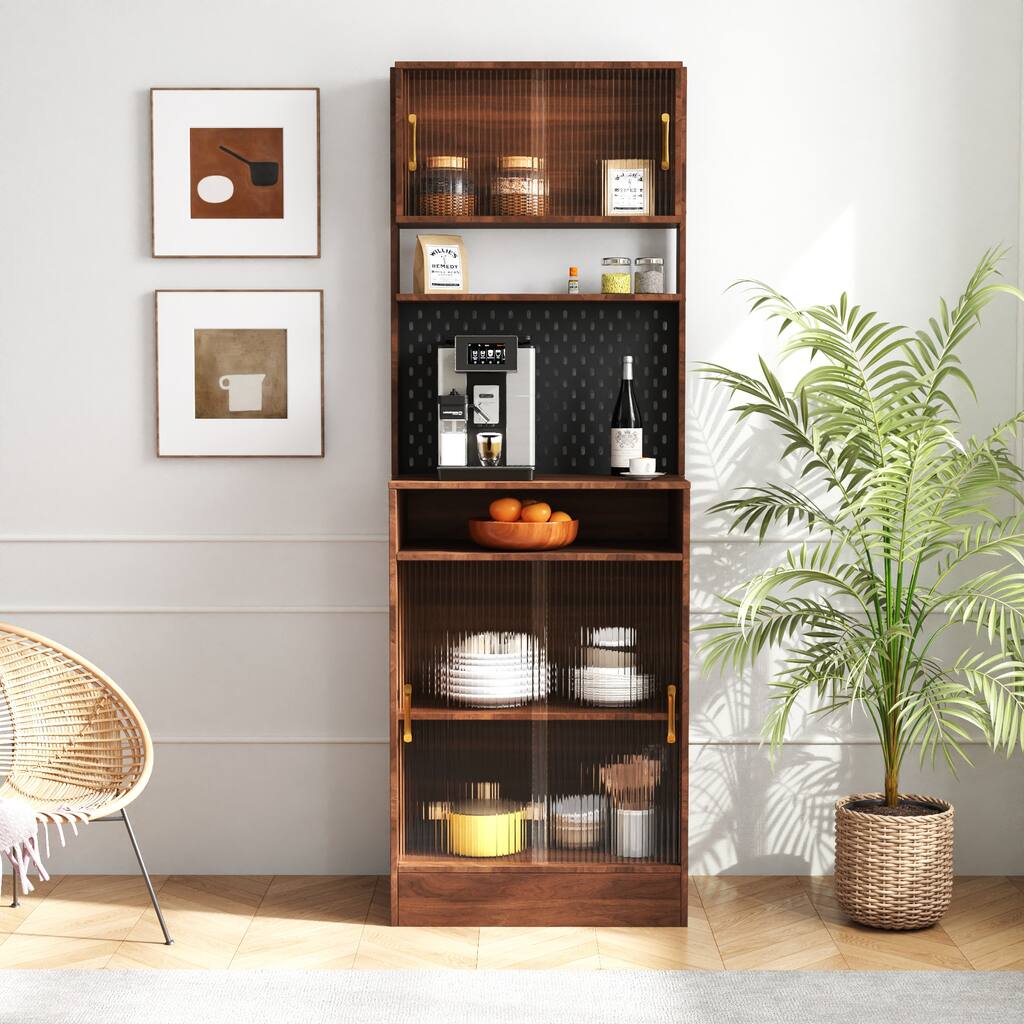 Kitchen Pantry Sideboard with 2 Sliding Striped Glass Doors,Freestanding Countertop Storage Cabinet,Wine,Coffee machine
