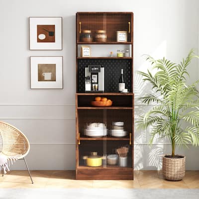 Kitchen Pantry Storage Cabinet with 2 Sliding Glass Doors, Modern Wooden Wine Bar Station for Home Dining Living Room