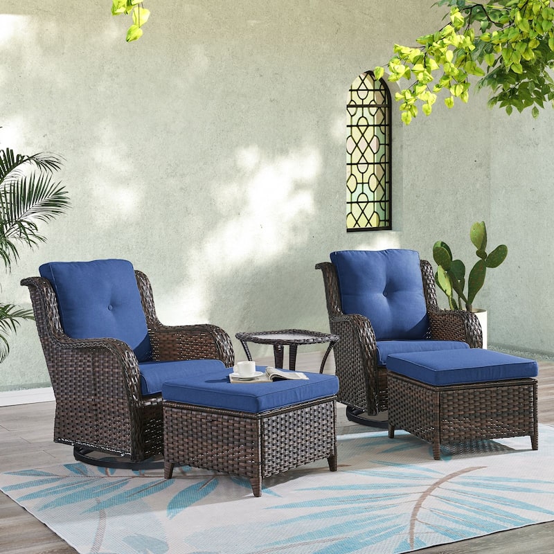 Gymojoy 5-Piece Outdoor Wicker Patio Furniture Chair Set, Rattan Coversation Set with Water Resistant Thick Cushions - Brown Wicker / Blue Cusion - 5-Piece