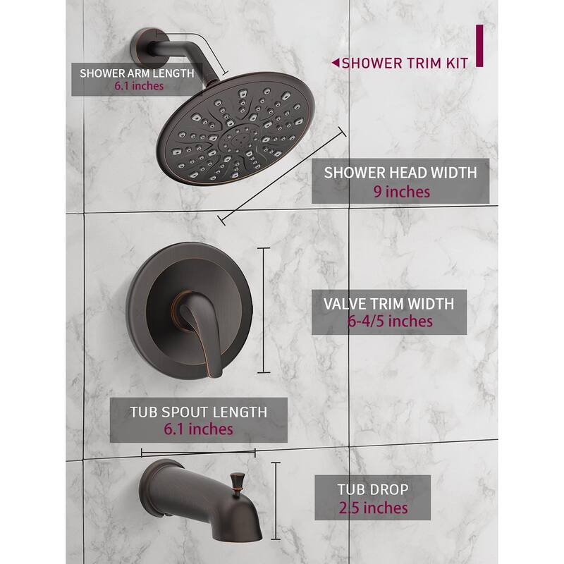 Proox 9 inch Single Handle Rainfall Round Shower Head Faucet W/ Wall Mounted Bathtub Spout