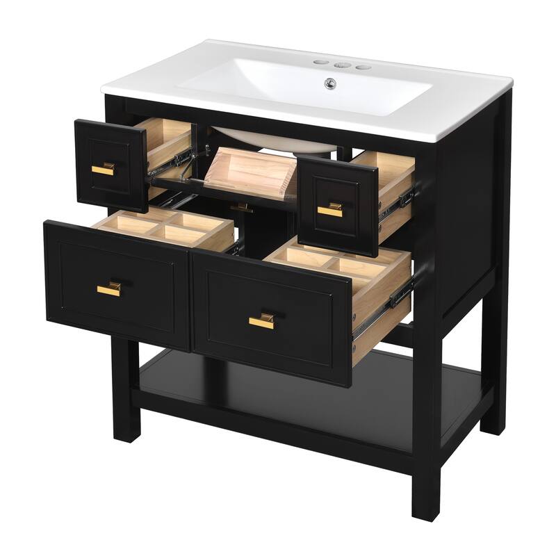 Retro Carved Pattern Vanity for Bathroom Single Sink Storage Cabinet with 5 Drawers, 1 Open Shelf and Gold Metal Handles