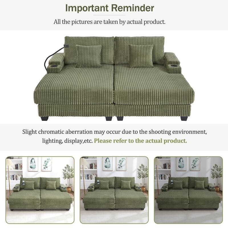 Roomfitters 75 Inch Modern Chaise Lounge Sofa with Adjustable Backrest and Cup Holders, Corduroy