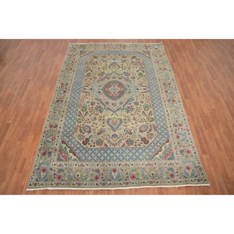 Hand Knotted Oriental 100% Wool Carpet Traditional Floral Beige & Ivories Tabriz Area Rug - 10' 3'' X 7' 1''