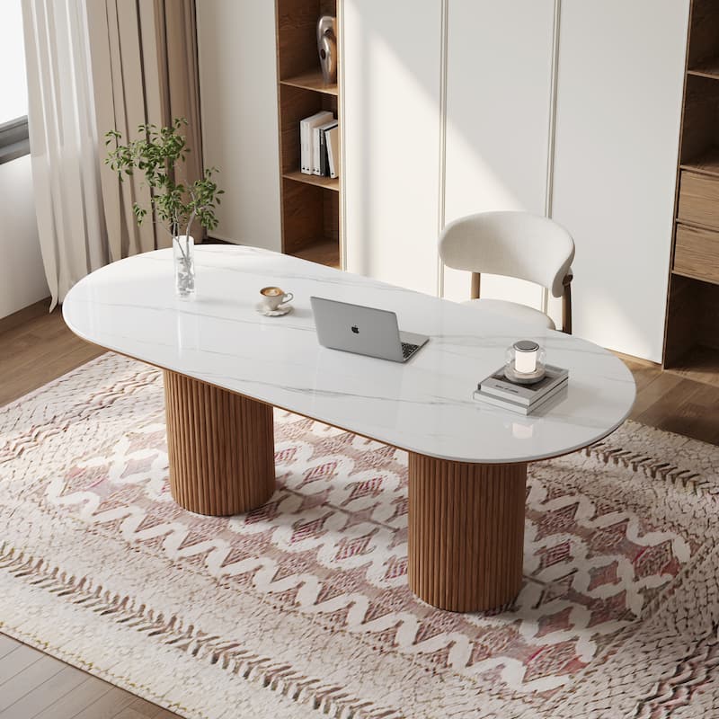 71" Modern Oval Writing Desk,Glossy White Office Table,with Double Solid Wood Legs, 3 Colors Optional