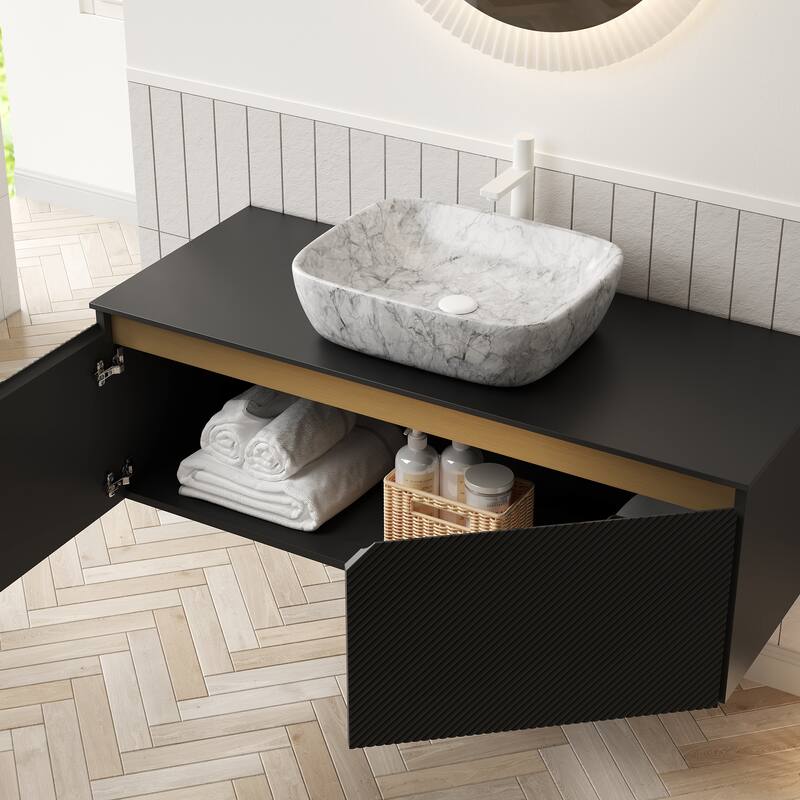 48" Bathroom Vanity&Sink,Wall-Mounted Storage Cabinet,Twill Double Doors,Rectangle Ceramic Vessel Basin&Stone Top