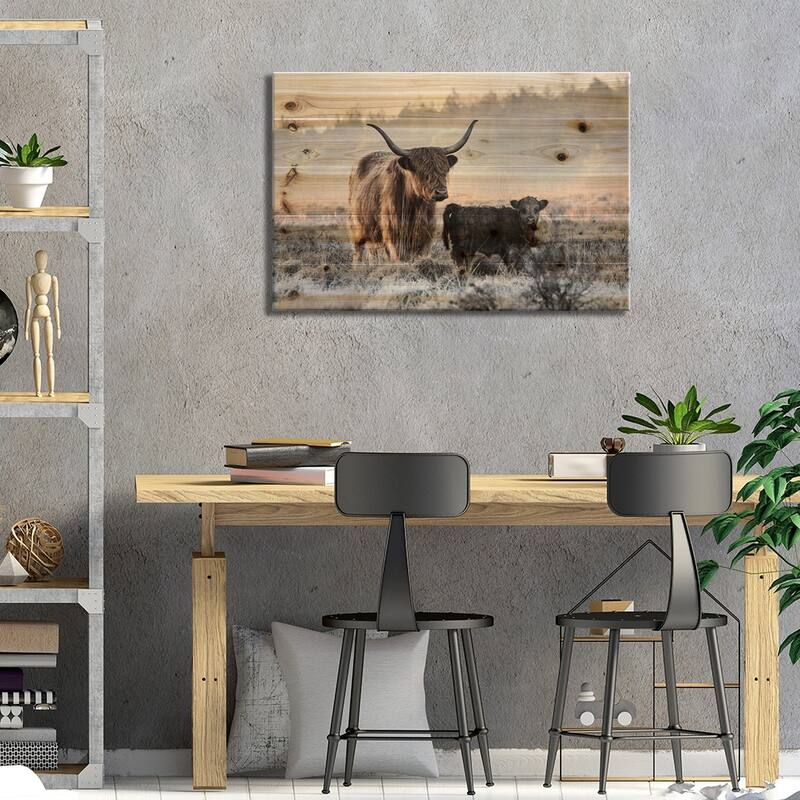 Highlander And Calf Print On Wood by Jaap Van Den - Multi-Color