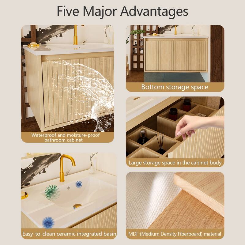 30 Inch Wall Mounted Bathroom Vanity with Ceramic Sink, Floating Cabinet with Drawers, Modern Fluted Design