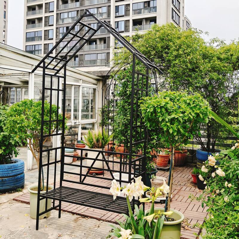 Metal Garden Arch with Bench Turned into Flower Stand W58.07*H97.24 Climbing Plants Support Rose Arch Outdoor