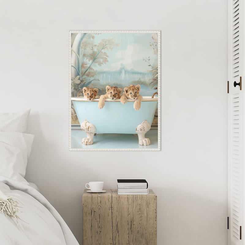 Blue Lagoon Lion Cubs by Niky Rahner Framed Canvas Wall Art