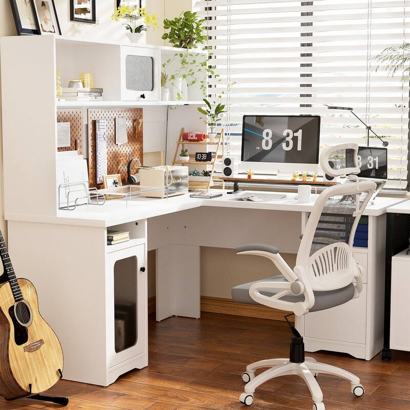 L Shaped Desk with File Cabinet and Hutch, Home Office Corner Computer Desk with Drawers and Charge Station