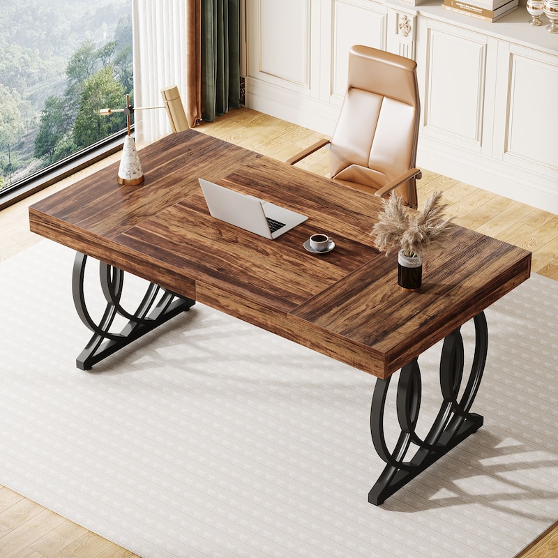 63'' Executive Desk, Modern Office Desk White and Gold Computer Desk