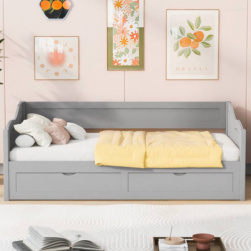 Wooden Daybed with Trundle Bed and Two Storage Drawers - Grey
