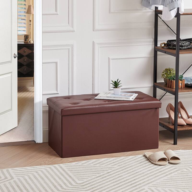 2 PC Storage Folding Ottoman, Storage Footrest Stool, Faux Leather Storage Bench Cube with Padded Seat for Small Space