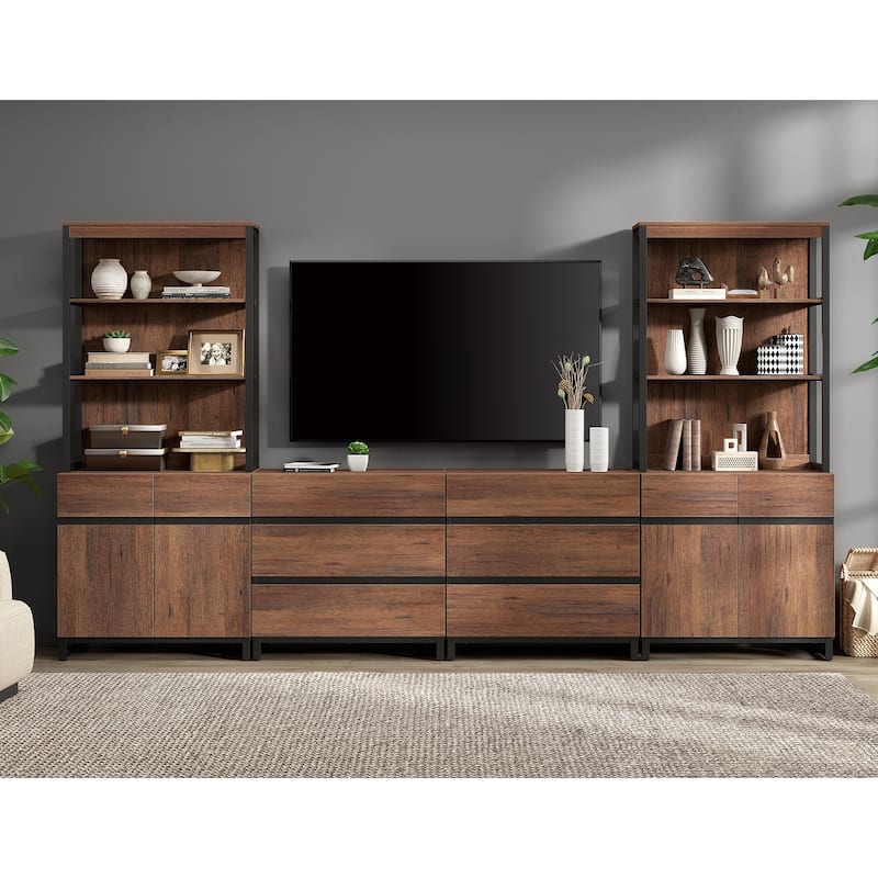 WAMPAT Modern TV Stand with 3 Tiers Bookshelf, Farmhouse Entertainment Center with 2 Storage Cabinets and 6 Drawers