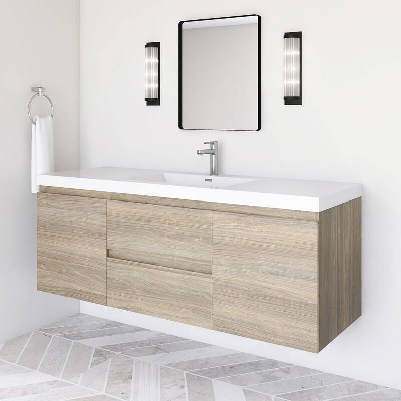 Modern Wall-Mounted Bathroom Vanity with White Solid Surface Top