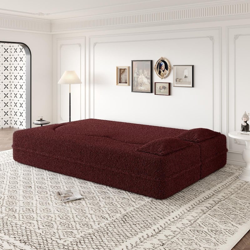 Modern Floor Sofa Bed, Teddy Fabric, 2 Pillows, 15" Fold Mattress