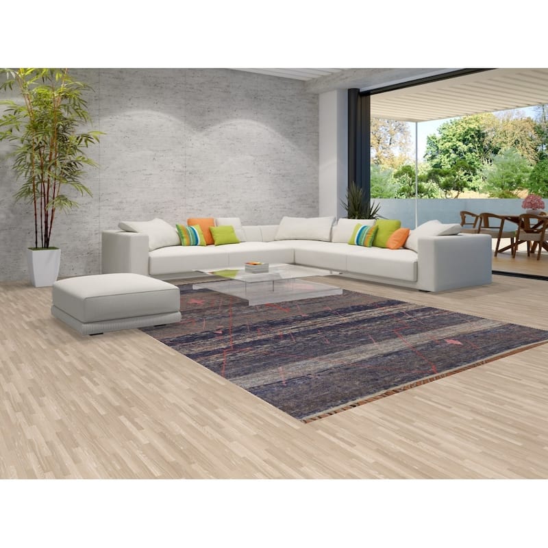 Blue Striped Moroccan Area Rug Hand-Knotted Wool Carpet - 8'2"x 12'3"
