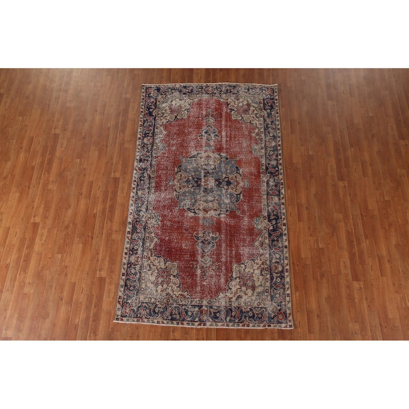Distressed Oushak Turkish Vintage Area Rug Hand-Knotted Wool Carpet - 4'10" x 8'7"