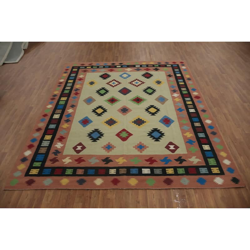 Hand Woven Oriental 100% Wool Carpet Southwestern Modern Green Kilim Area Rug - 10' 6'' X 8' 8''