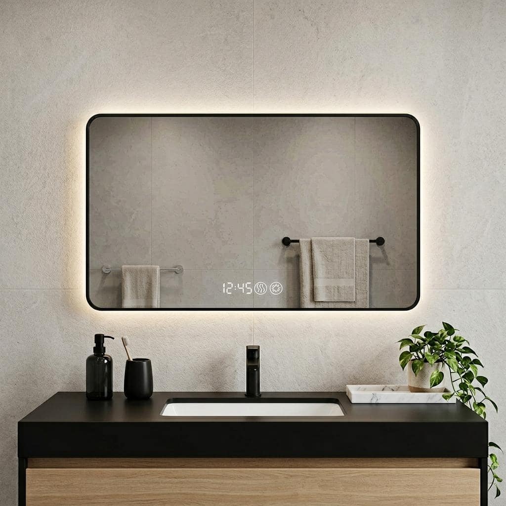 HomeRoots 39" Black Aluminum Lighted Framed Anti Fog Bathroom Vanity Mirror - 29.53 in. x 39.37 in. x 1.18 in.