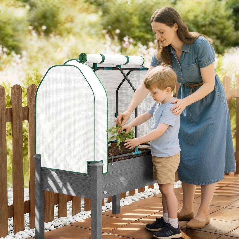 Outsunny Raised Garden Bed with PE Greenhouse Cover Outdoor Elevated Wood Planter Box , 35 x 22 x 47 inch
