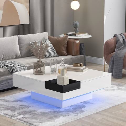 Merax Square Coffee Table with Detachable Tray and LED Strip Lights