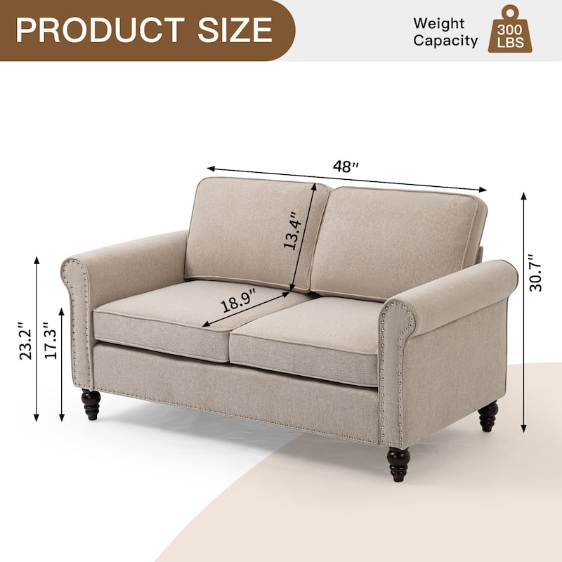 Edgy Love Seat Couches with Rolled Armrests, Upholstered Accent Sofa with Nailhead Decoration, Bedroom Fabric Sofa