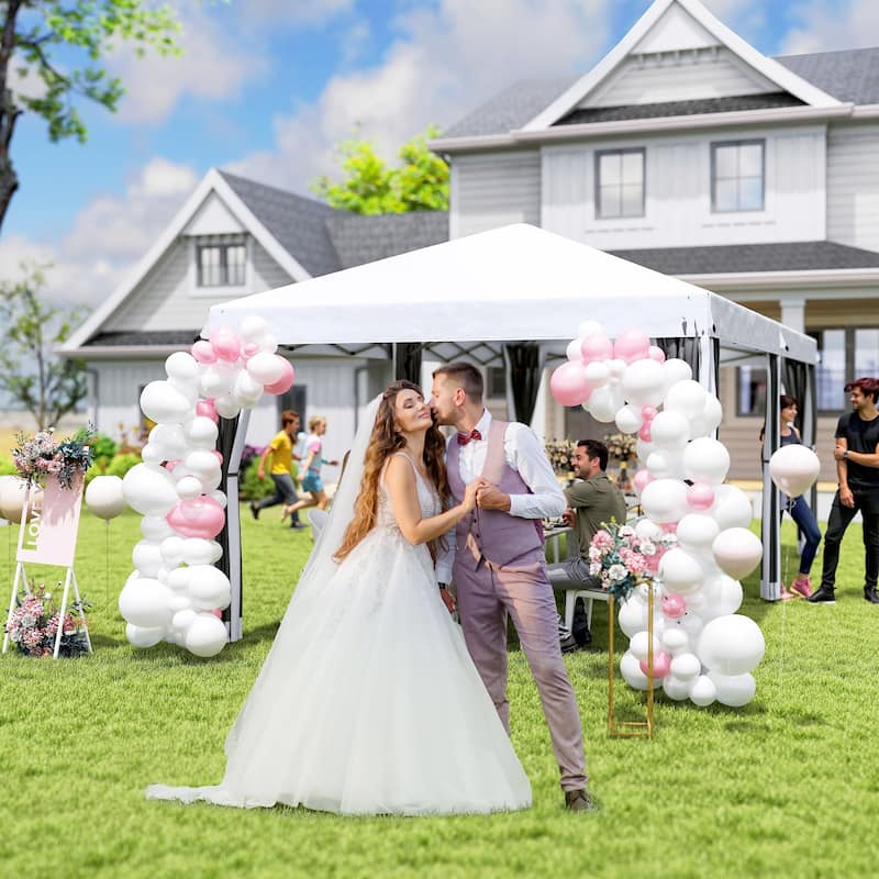 Pop-Up Canopy Tent with Mesh Panels Cream White Oxford Fabric, Powder-Coated Steel Frame - 230.25" L x 116.25" W x 106.25" H