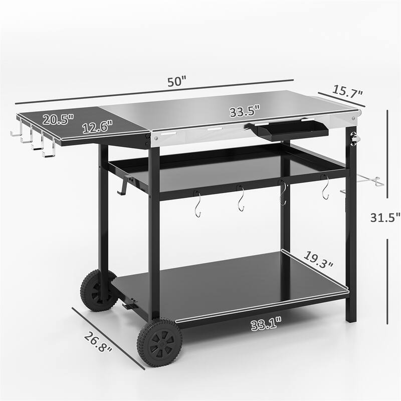 Stainless Steel Outdoor Serving Cart with Folding Side Table, Wheels, Shelves, Hooks, Spice Rack, Bottle Opener