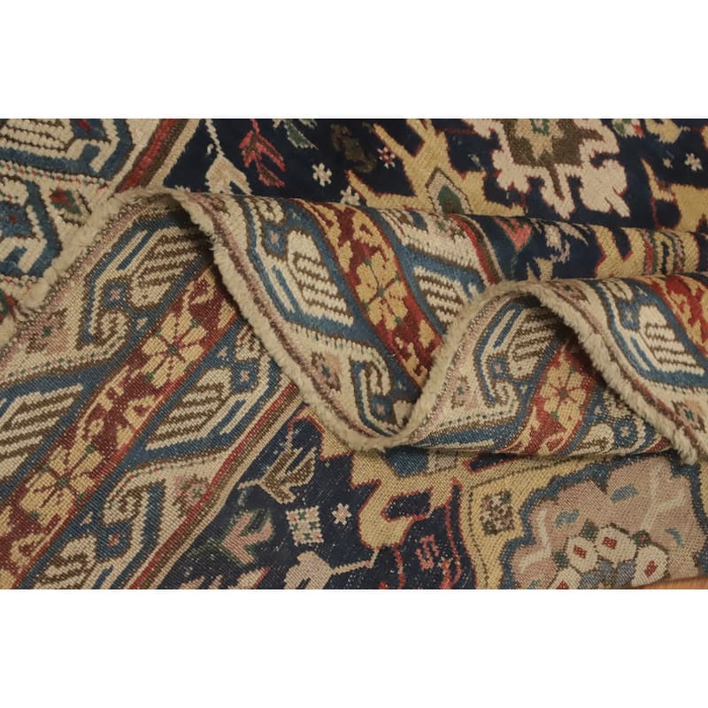 Hand Knotted Oriental 100% Wool Carpet Traditional Geometric Navy Blue & Blues Kazak Area Rug - 10' 9'' X 4' 10''