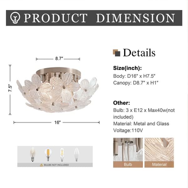 dimension image slide 0 of 2, Frieda Modern 3-Light 16" Clear Glass Flower Flush Mount