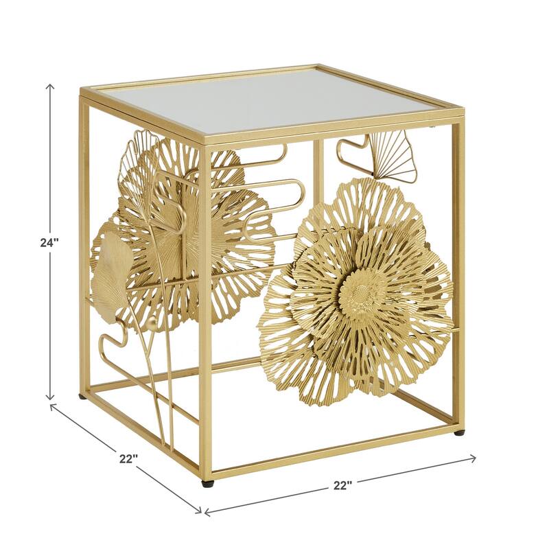 Pomonok Gold Finish Peony and Ginkgo End Table with Mirror Top by iNSPIRE Q Bold
