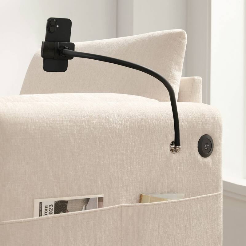 38" Chenille Single Sofa with Storage Ottoman, USB Charger, Side Storage Pockets, Pillow-like Armrests