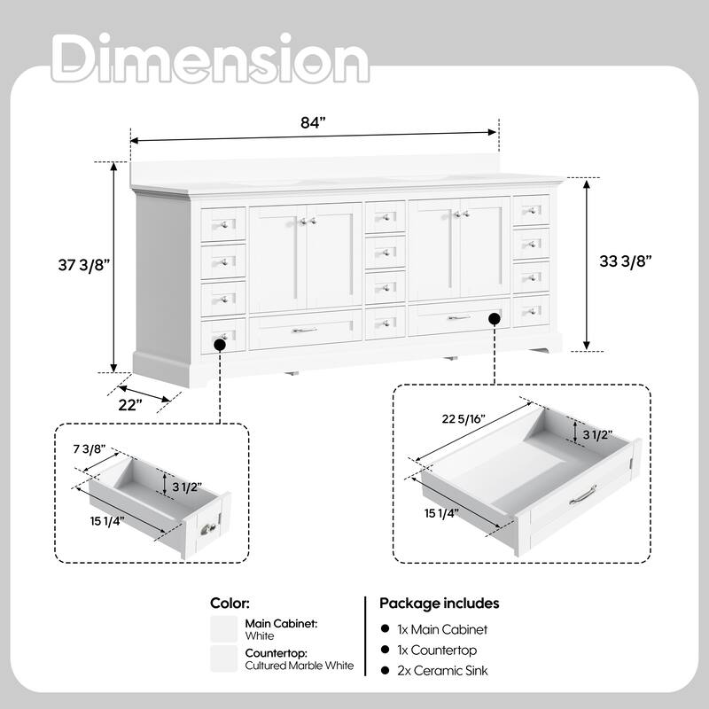 84''W Solid Wood Frame Bathroom Vanity With Pure White Culutered Marble Countertop And Double Sink