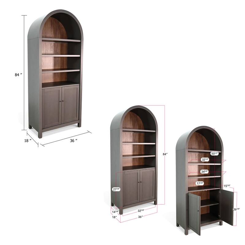Xeny Arched Display Cabinet, 3 Shelves w 2 Doors, Gray Mahogany Wood