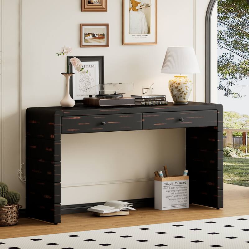 55" Farmhouse Console Table with Drawers & Shelf - Distressed Black