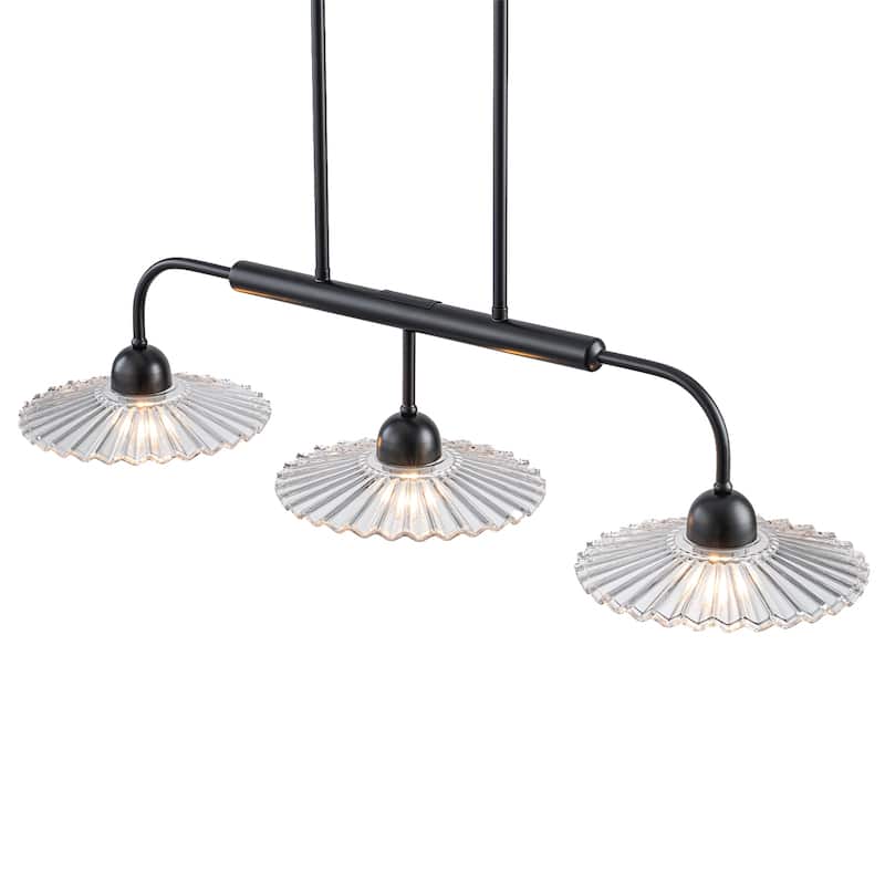 3-Light Black Linear Pendant Light with Pleated Clear Glass Shades - Dia.35.43-in
