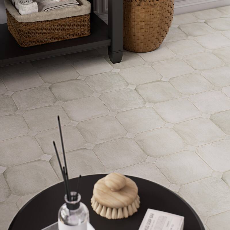 Merola Tile Laverton Octagon Nieve with Taco Nieve 7-7/8" x 7-7/8" Porcelain Floor and Wall Tile