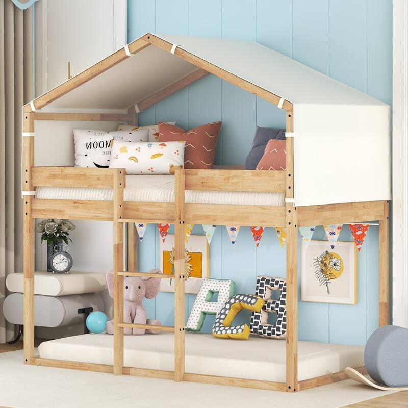 House Bed Twin Over Twin Bunk Bed Wood Platform Bed Frame - Natural - Twin