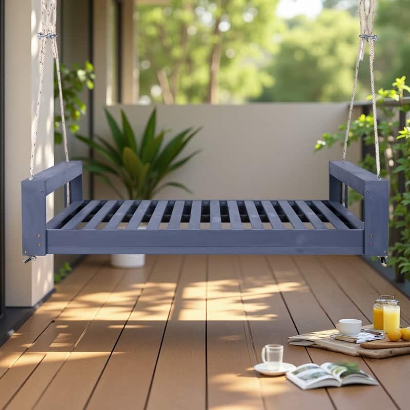 Acacia Wood Twin Size Porch Swing Bed with Hemp Ropes Outdoor Hanging Daybed, 400lb Capacity - Gray
