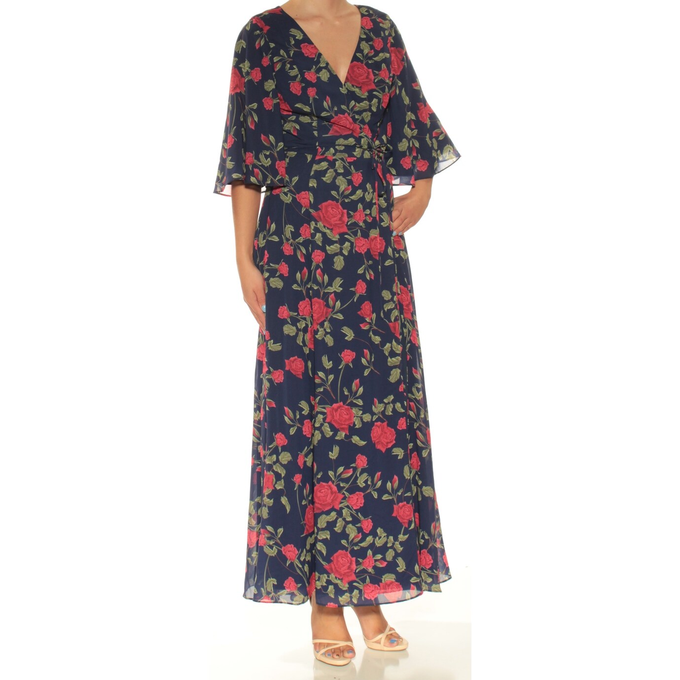 navy floral cut in neck wrap dress