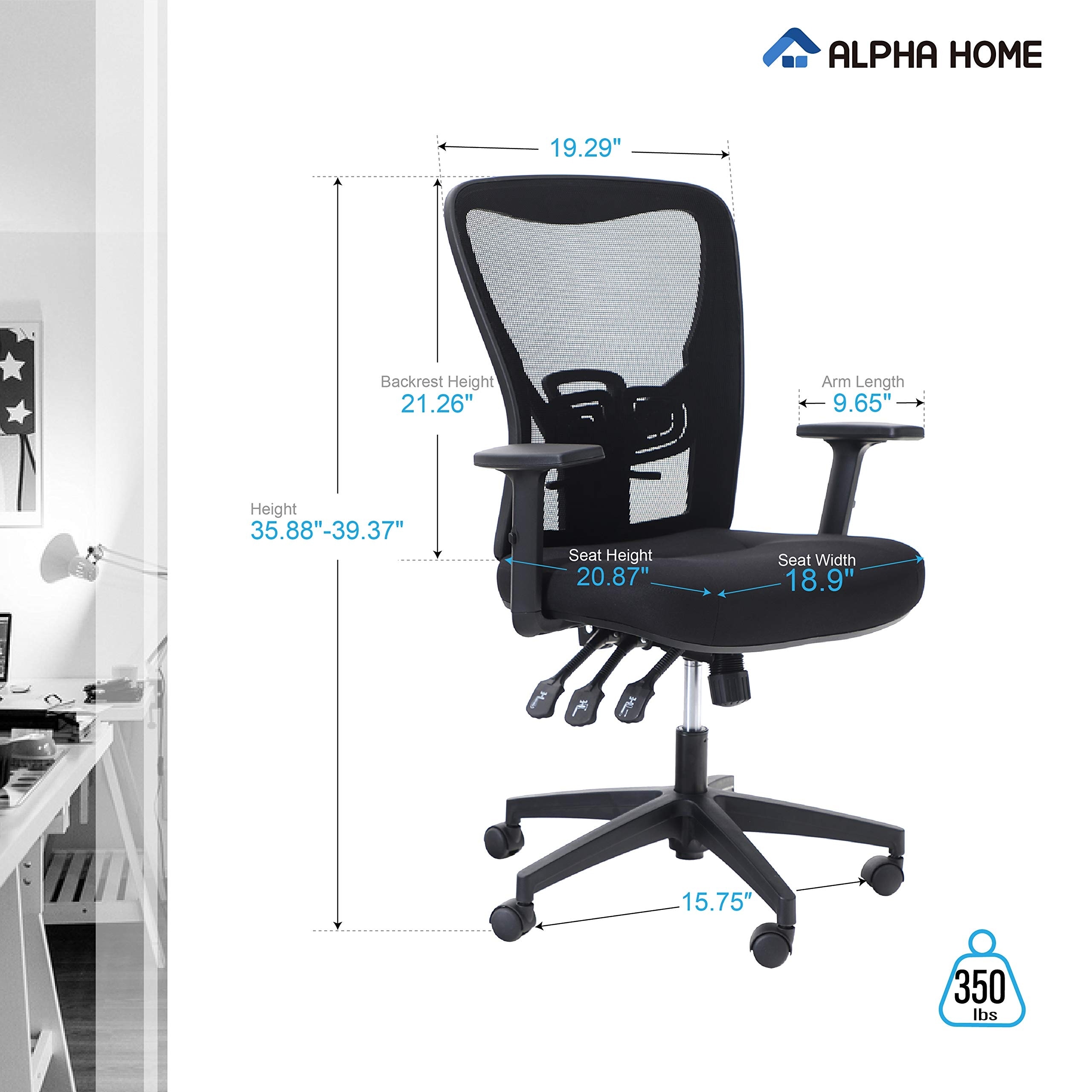 ALPHA HOME Office Chair Ergonomic Home Desk Chair Mid Back Mesh Computer Task Chair with Lumbar Support Executive Stool with Adjustable Armrest & Seat Cushion Rolling Swivel Reclining Chair
